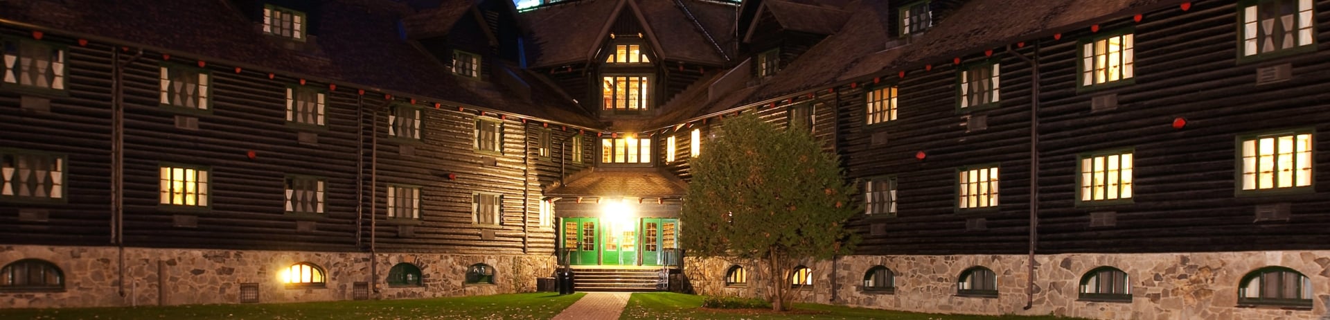 exterior shot of chateau montebello at night