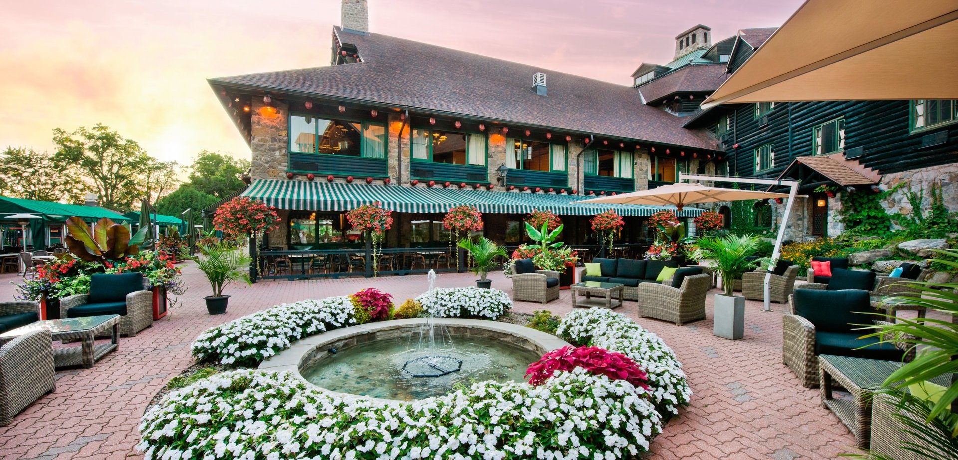 patio extérieur avec des fleurs en pleine floraison