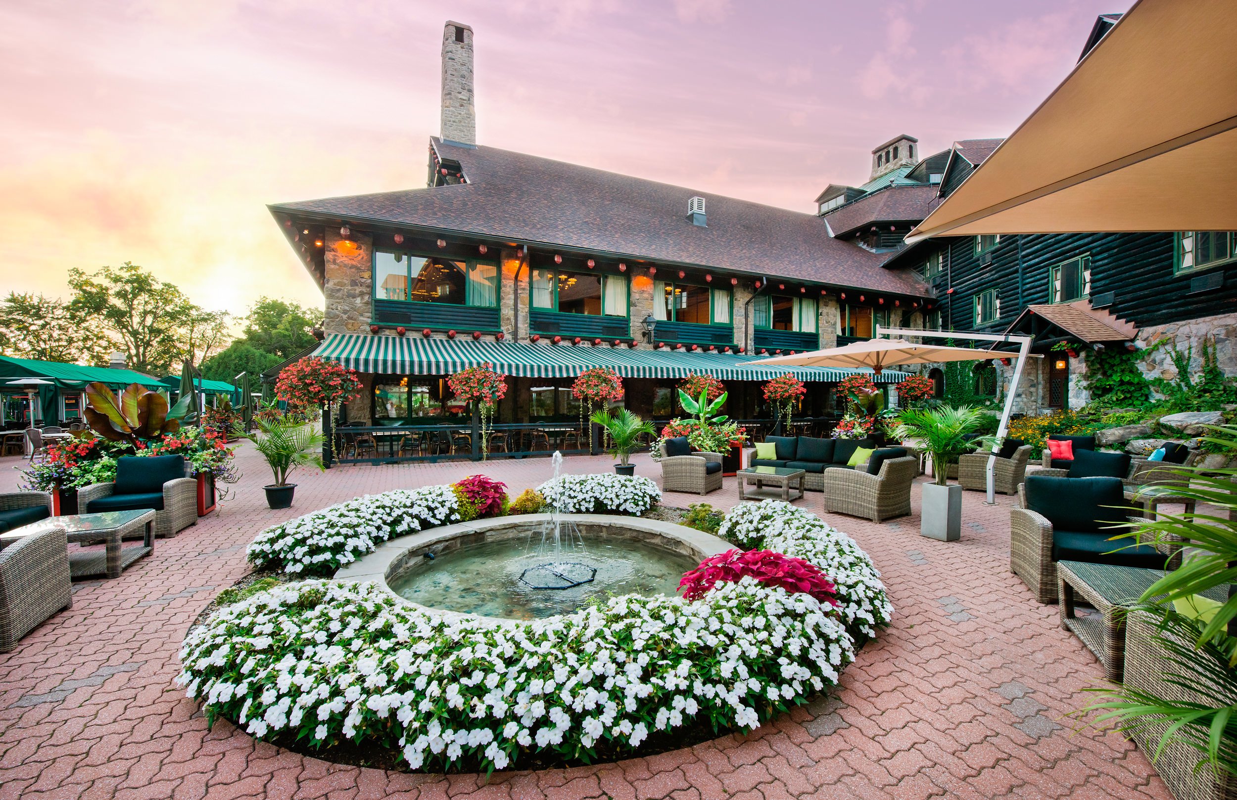 outdoor patio with flowers in full bloom