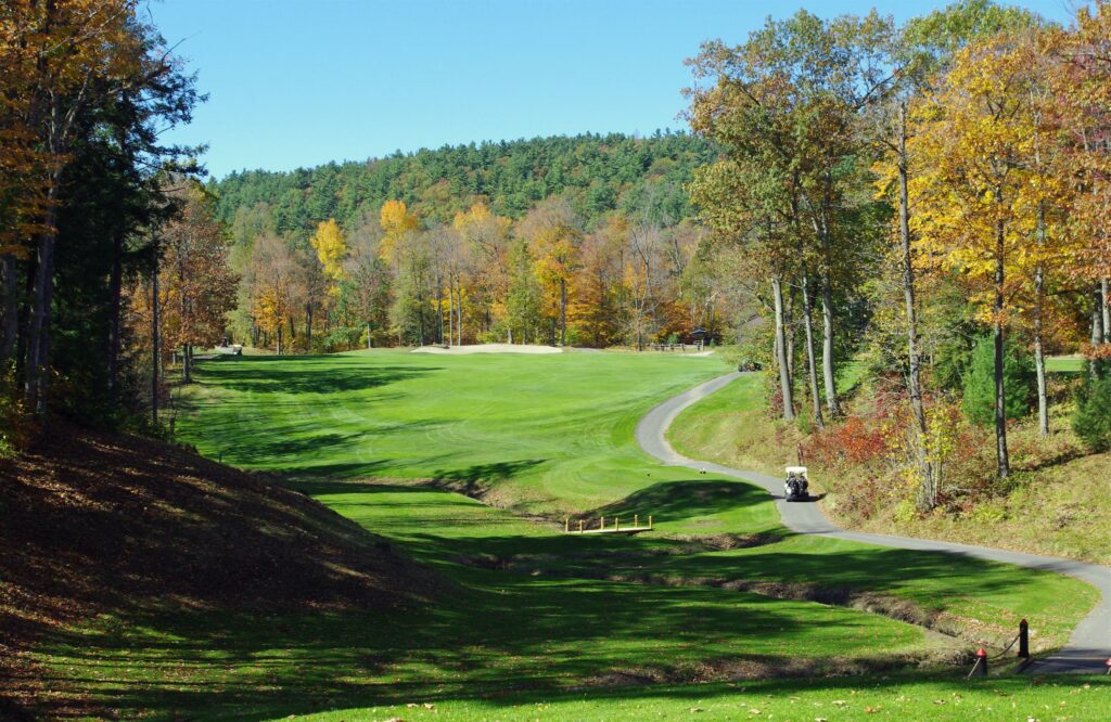 chateau montebello Golf Course in Fall path forest park trees view