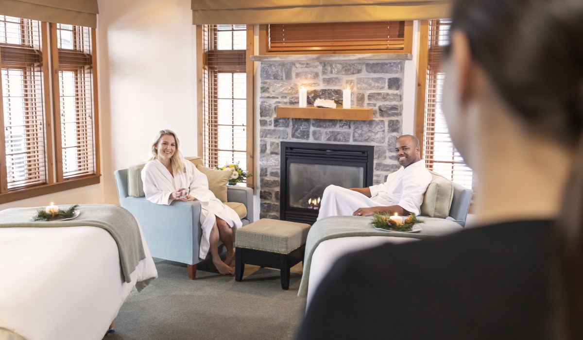 chateau montebello spa fireplace couple
