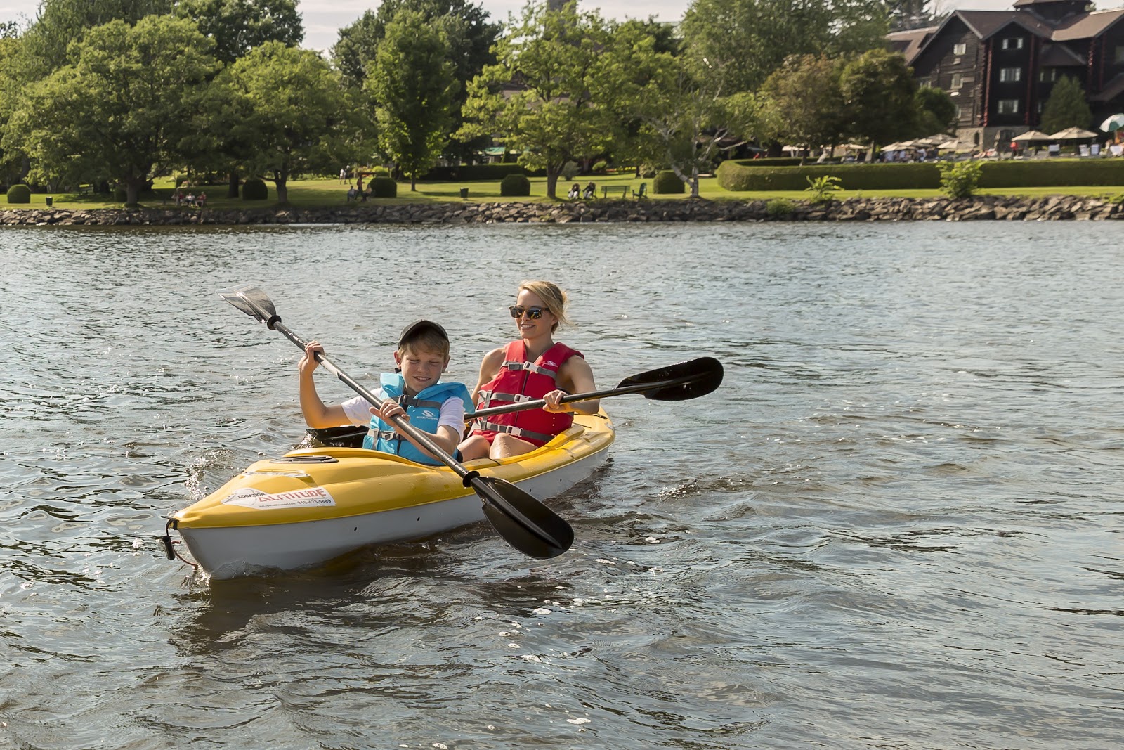 mother and son in a kayak