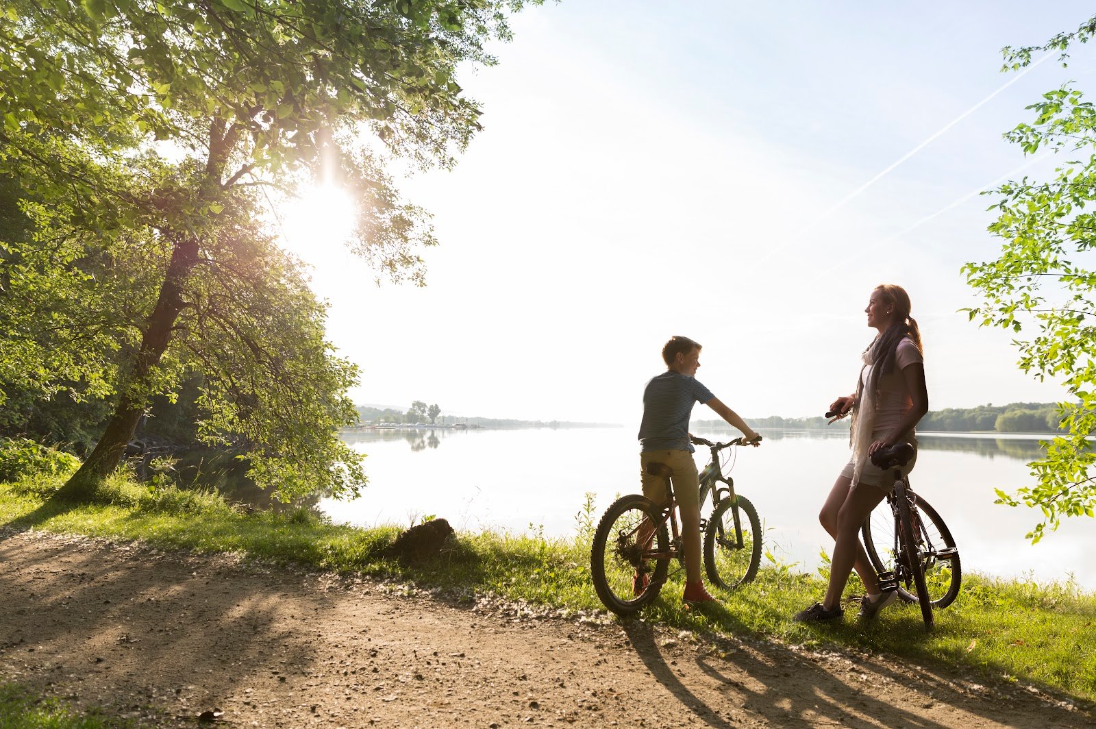 mother and son riding bikes